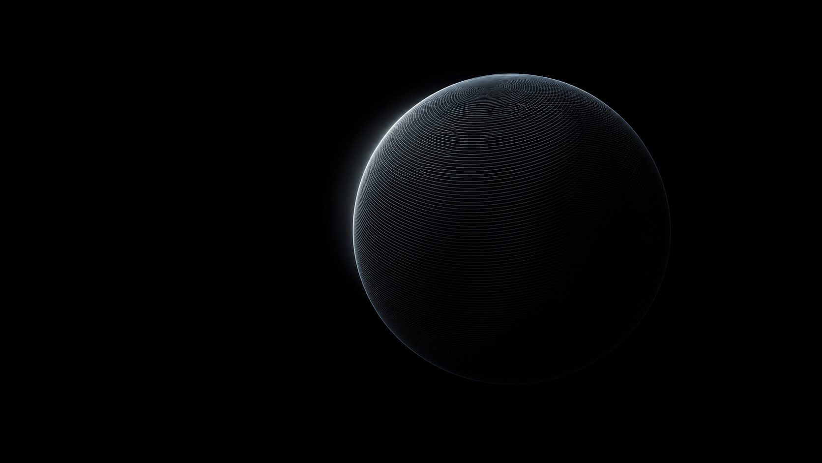 A dark wireframe sphere lit from one side against a black field
