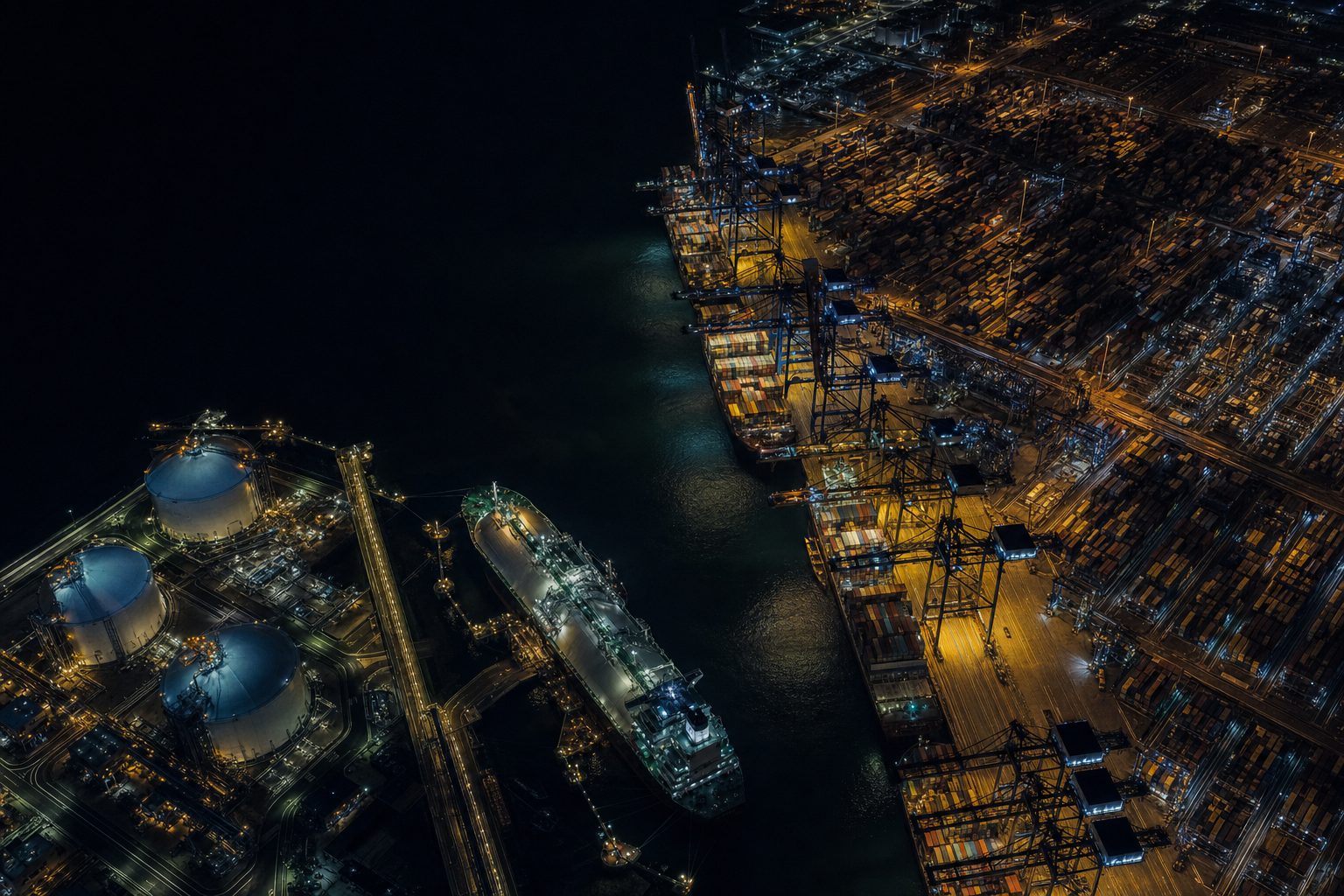 Aerial night view of a container port and LNG terminal